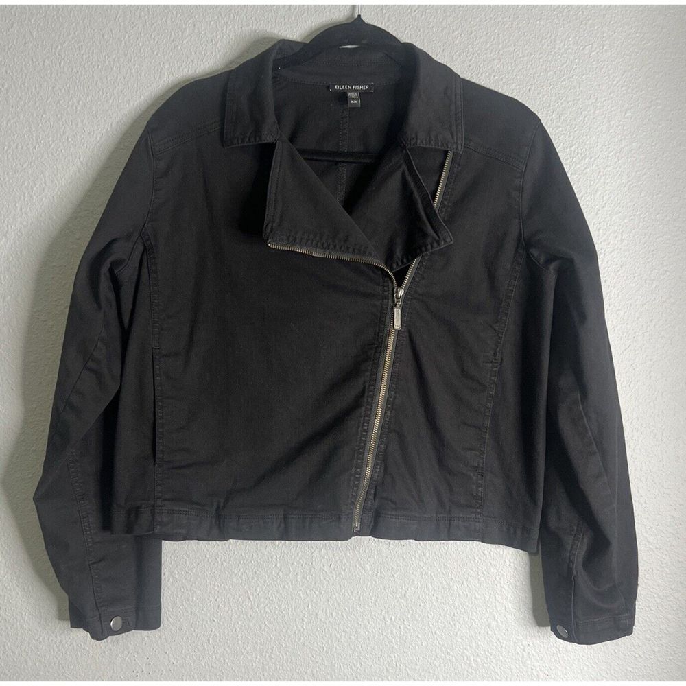 Eileen Fisher Denim Short Jacket Size M Biker Grunge Asymmetrical Zip Streetwear